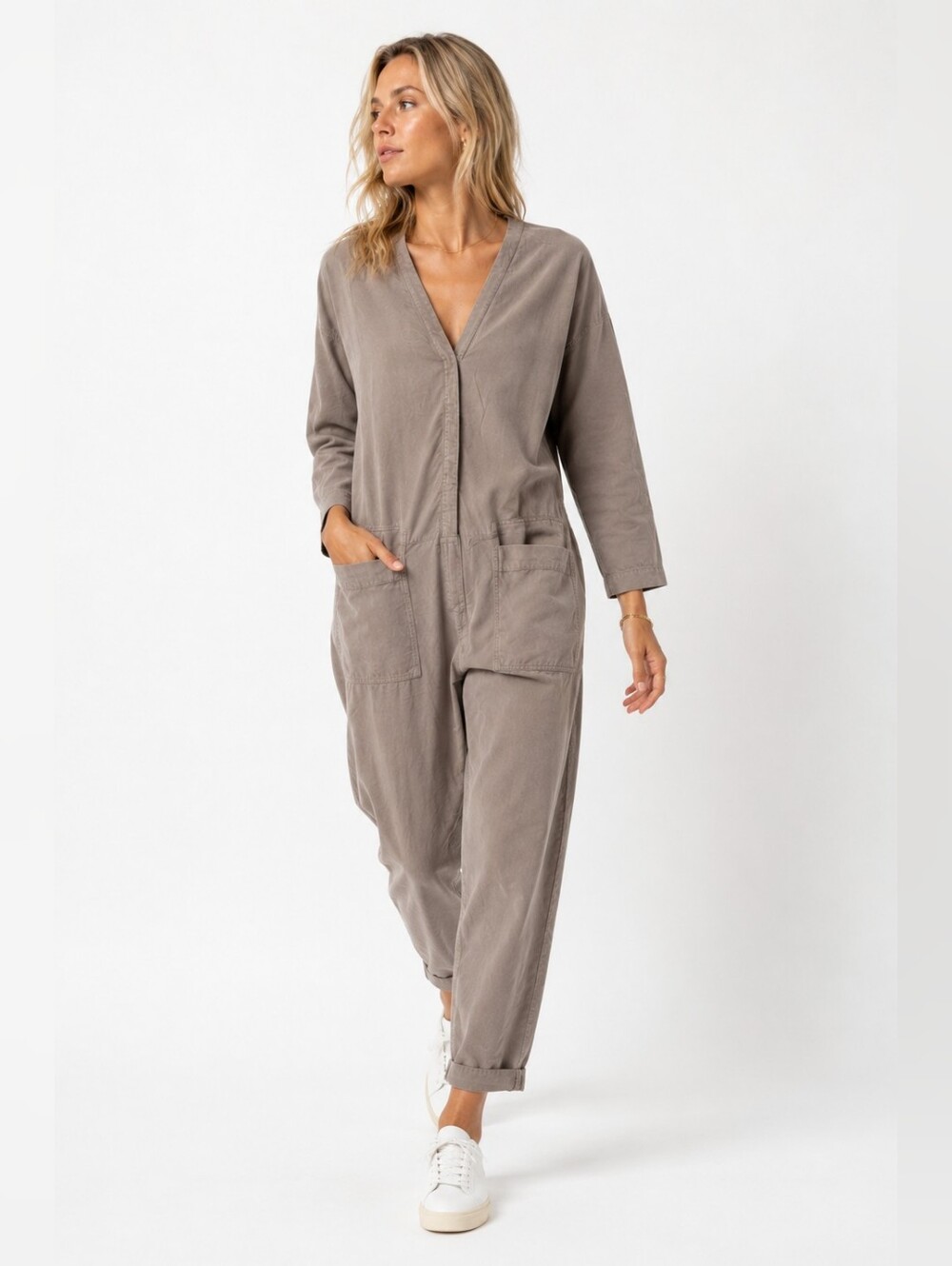James Perse Cotton Utility Jumpsuit Size 0 Taupe Long Sleeve Pockets